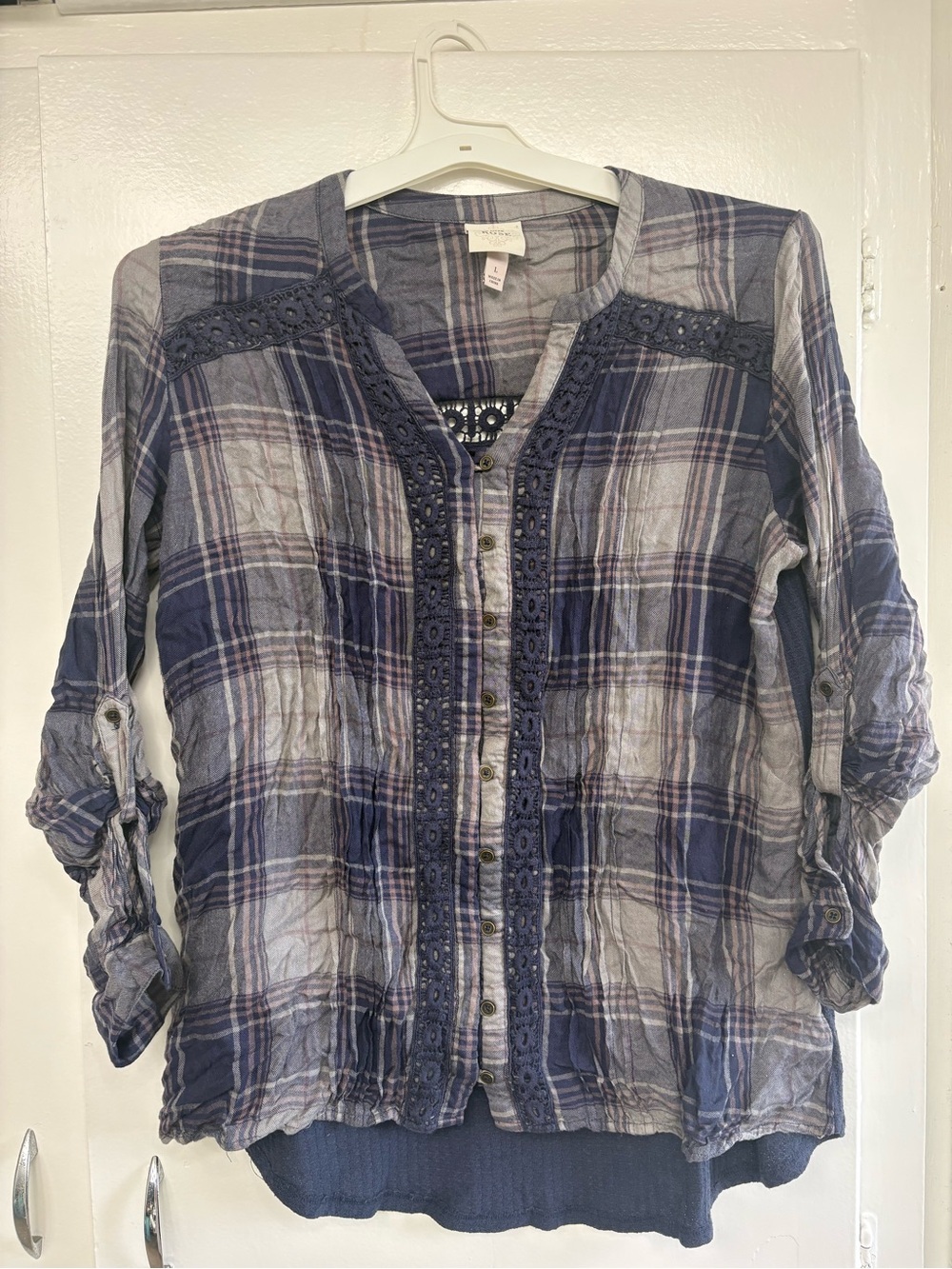 Knox Rose Navy and Gray Plaid Crochet-Trim Button-Up Top
